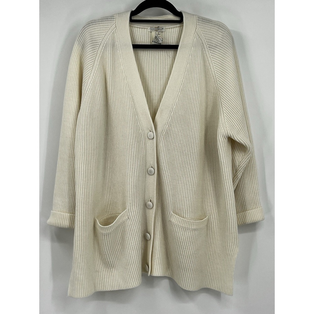 Yarnworks Ribbed Knit Cardigan 2X Ivory VTG 90s Minimalist Cozy Academia Layers